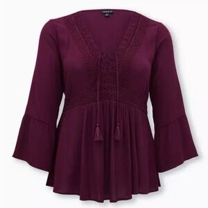 Torrid NWT Babydoll Gauze Crochet Trim Lace-Up Top Size 1X 14-16 Boho Soft Gauze